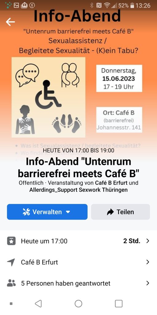 Das Bild zeigt Piktogramme von Menschen, die ihre Sexualität selbstbestimmt ausleben und verweist auf einen Informationsabend, der am 15.6.2023 im Café B in Erfurt stattfindet.